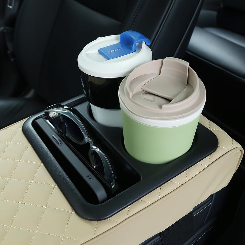 Supin Car Armrest Cushion - Multifunctional Faux Leather Armrest Cushion with Cup Holder, Phone Storage, and Ergonomic Design for All Seasons (Beige) - Image 5